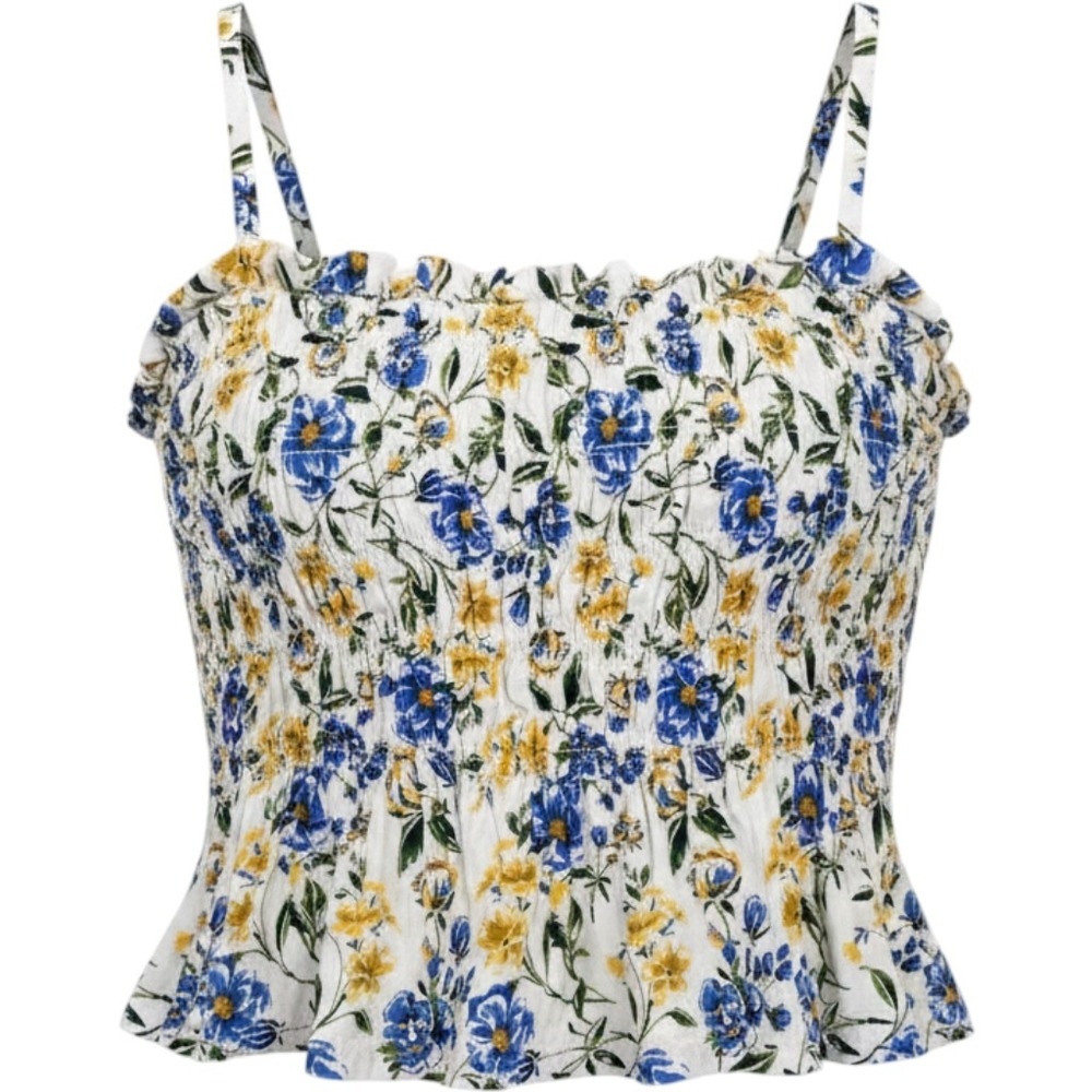 Free Assembly Womens Floral Smocked Peplum Cami Top Blue Yellow White Large